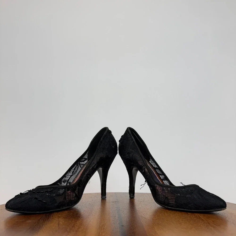 Womens Susan Bennis Warren Edwards Black Lace Beaded Heels‎ Pumps Size 6 M GUC